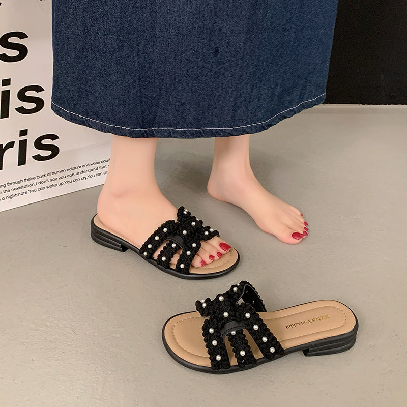 Damen Elegante Slide-Sandalen mit modischen Perlen- und Fransenakzenten EB