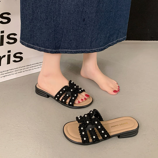 Damen Elegante Slide-Sandalen mit modischen Perlen- und Fransenakzenten R&B