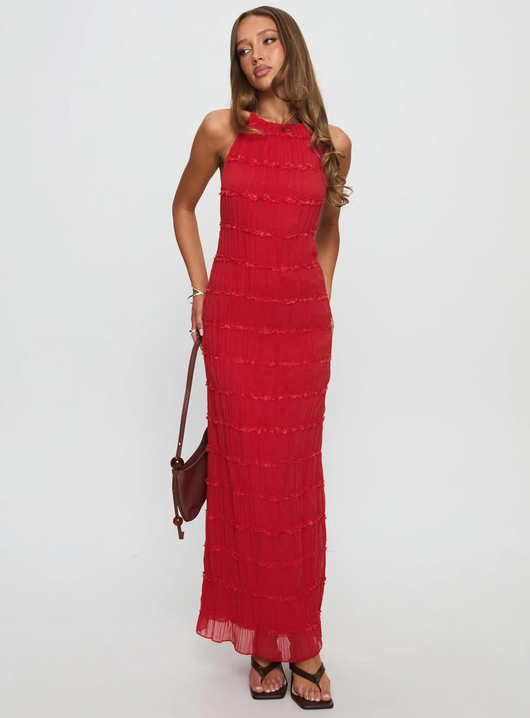 Damen Maxikleid mit schulterfreiem Design und fließenden Rüschen R&B