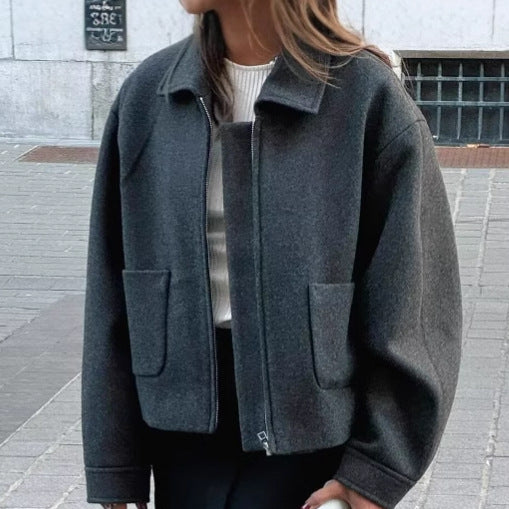 Damen lässige cropped Jacke mit praktischen Taschen und modernem Reißverschluss R&B