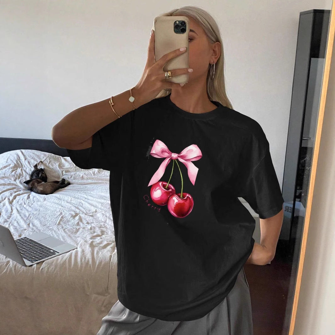 Damen T-Shirt mit fruchtigem Kirschmotiv und verspieltem Schleifendetail R&B