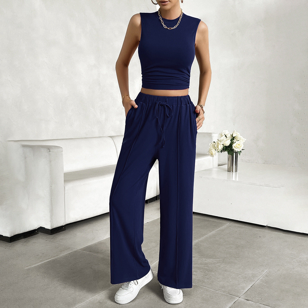 Damen Freizeit-Set mit tailliertem Top und weitem Hose R&B