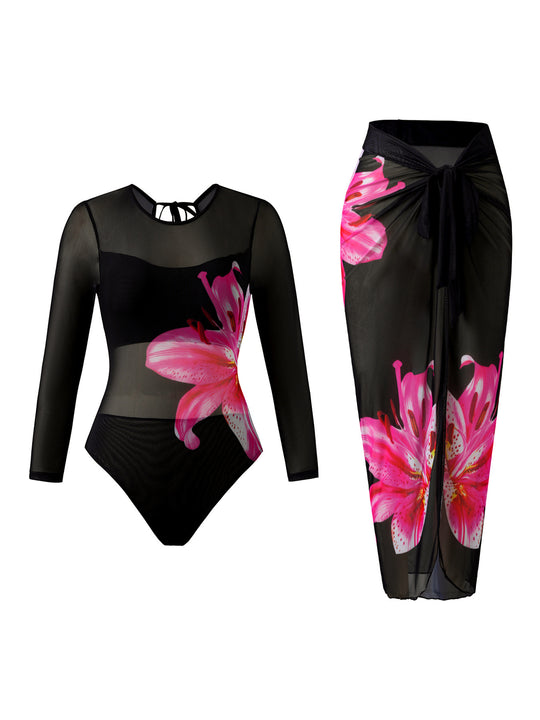 Damen Eleganter Badeanzug mit langem Arm und transparente Wickelrock R&B