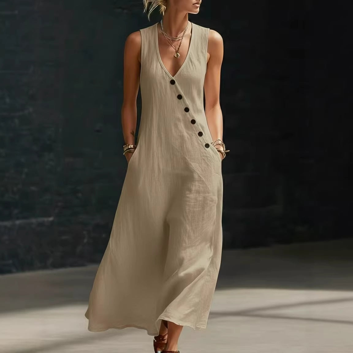 Damen Langarmkleid mit seitlichem Schlitz und Knopfdetails R&B