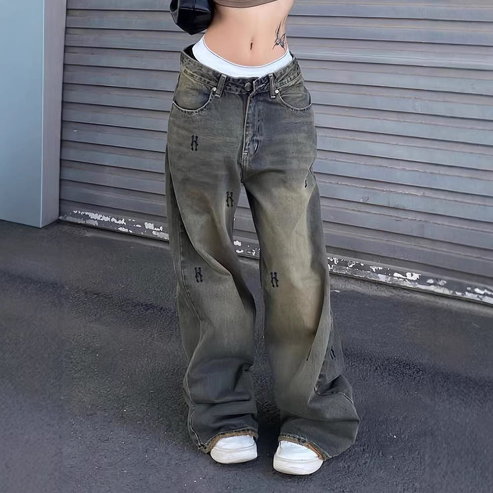 Damen Weiße Stoffhose mit modischen Stickereien R&B