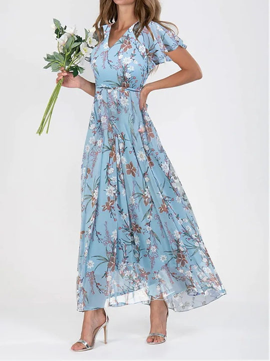 Damen Maxikleid mit floralem Chiffon-Stoff und transparenten Ärmeln R&B