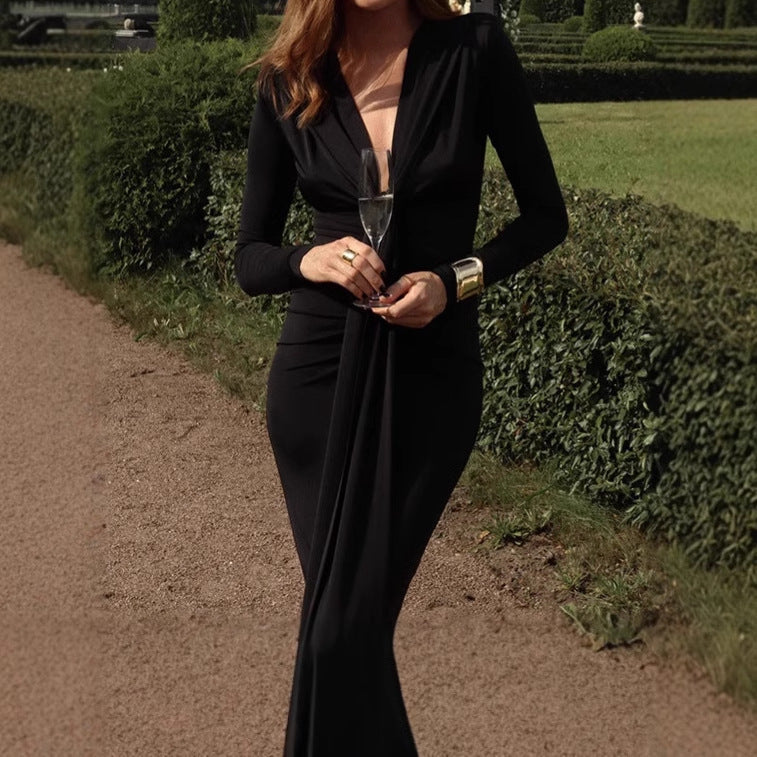 Damen Elegantes Langarm-Maxi-Kleid mit raffiniertem Knoten-Detail und figurformendem Design R&B
