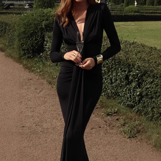 Damen Elegantes Langarm-Maxi-Kleid mit raffiniertem Knoten-Detail und figurformendem Design R&B