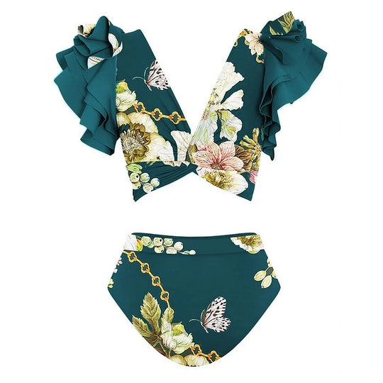 Damen Bikiniset mit voluminösen Ärmeln und elegantem Wickelrock R&B