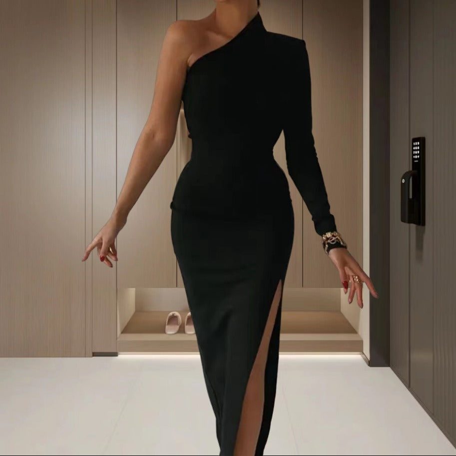 Damen Elegantes asymmetrisches Kleid mit tiefem Schlitz und langem Arm R&B