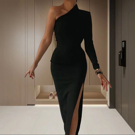 Damen Elegantes asymmetrisches Kleid mit tiefem Schlitz und langem Arm R&B