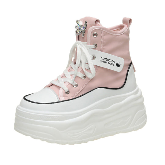Damen nan Plateau-Sneaker mit hohem Schaft, Schnürung und Schmetterling-Brosche R&B
