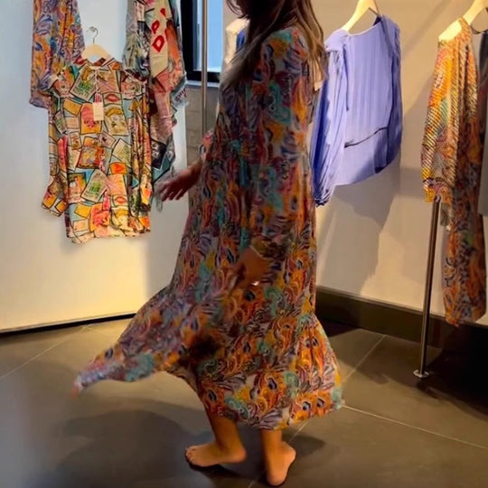 Damen nan Stufenmaxikleid im Boho-Stil mit Paisley-Print, V-Ausschnitt, geraffter Empire-Taille und elastischen Manschetten R&B