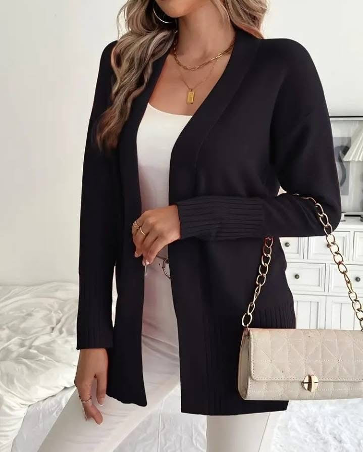Damen Langer Strickcardigan mit feinen Rippdetails und lässigem Schnitt R&B