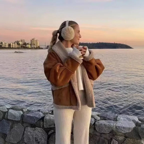 Damen kuschelige Blazerjacke im Teddy-Look mit praktischem Taschen R&B