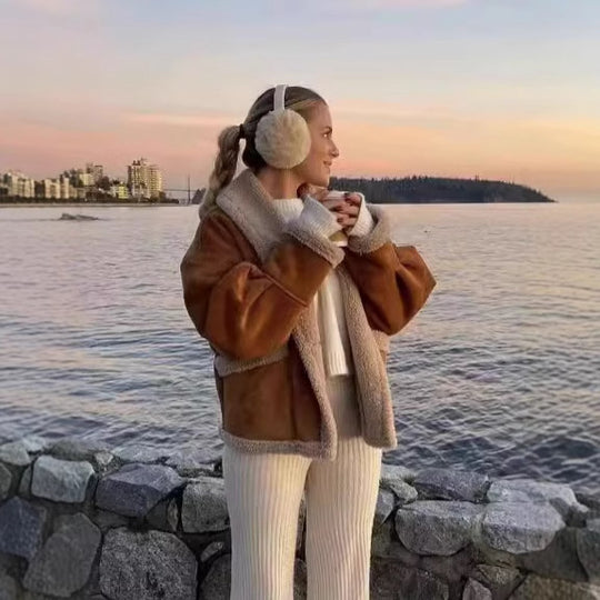 Damen kuschelige Blazerjacke im Teddy-Look mit praktischem Taschen R&B