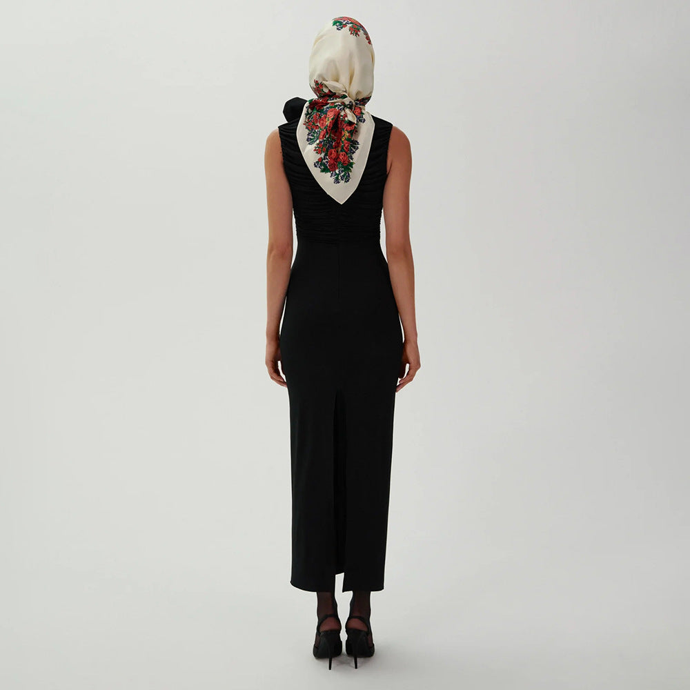 Damen figurbetontes Abendkleid mit asymmetrischem Kragen und floraler Applikation R&B