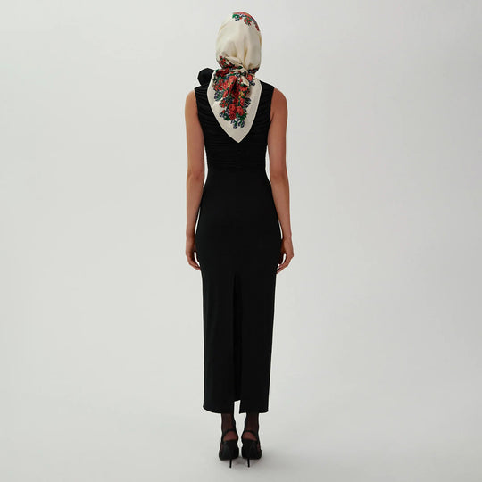 Damen figurbetontes Abendkleid mit asymmetrischem Kragen und floraler Applikation R&B