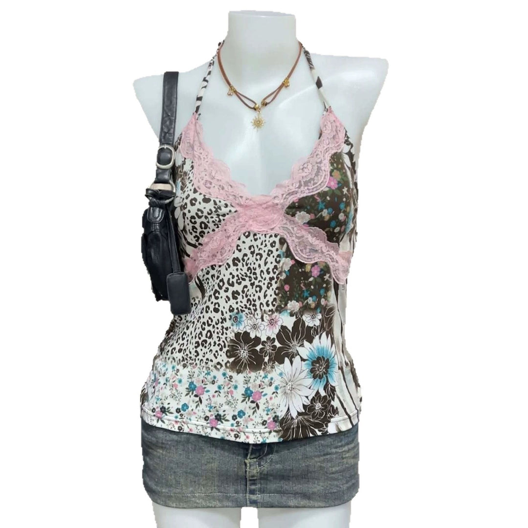 Damen Verspieltes Haltertop mit floralem und Leopardenmuster R&B