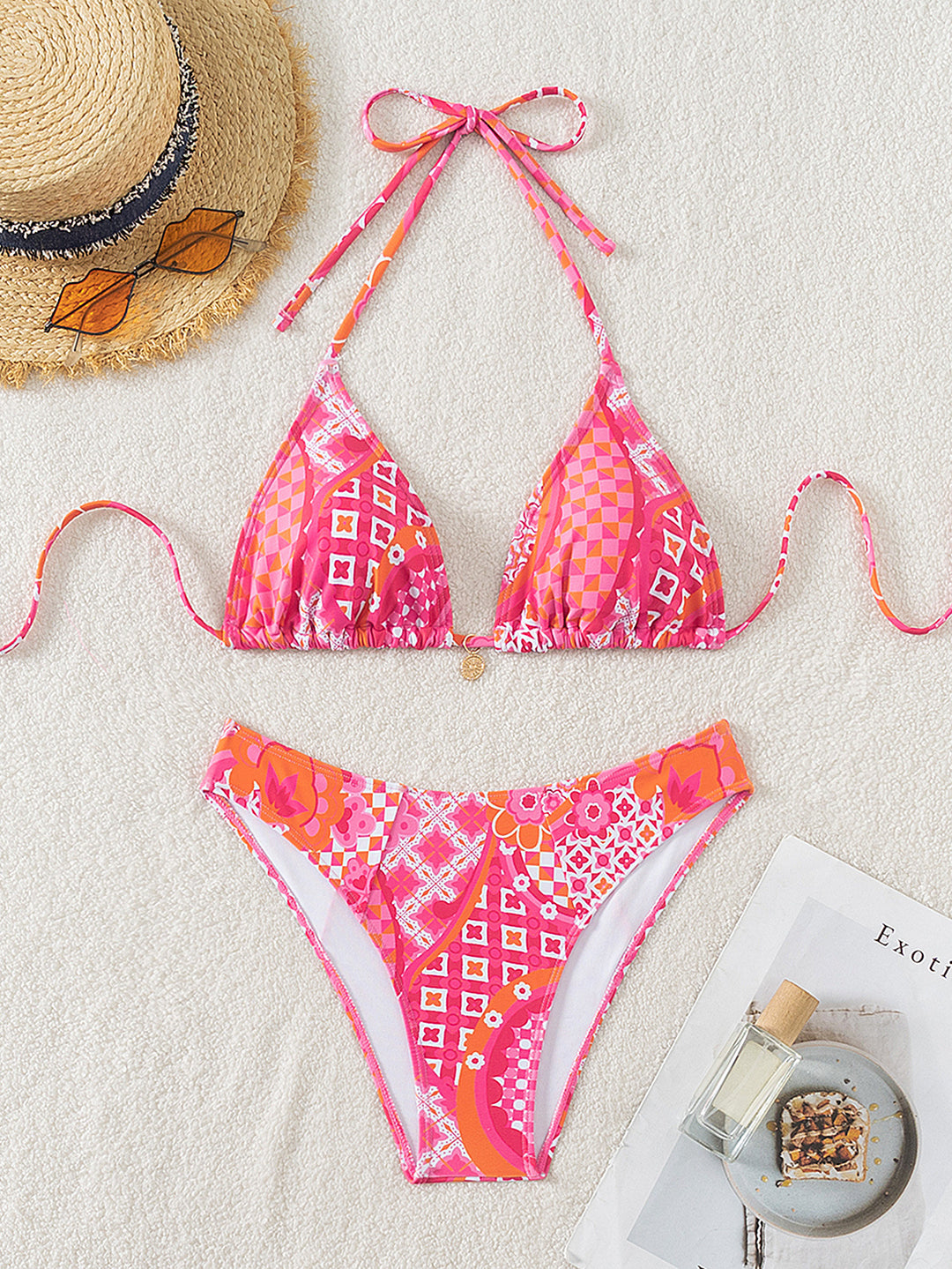 Damen Triangel-Bikini mit einzigartigem Mosaik-Muster und verstellbaren Bindebändern R&B