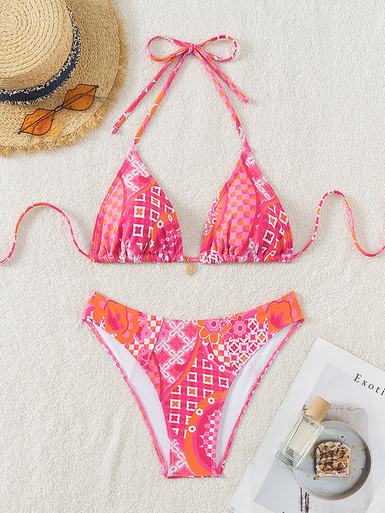 Damen Triangel-Bikini mit einzigartigem Mosaik-Muster und verstellbaren Bindebändern R&B