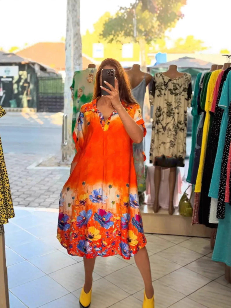 Damen nan leichtes Hemdblusenkleid mit floralem Bordürenprint, offenem V‑Ausschnitt und Einschubtaschen R&B