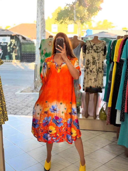 Damen nan leichtes Hemdblusenkleid mit floralem Bordürenprint, offenem V‑Ausschnitt und Einschubtaschen R&B