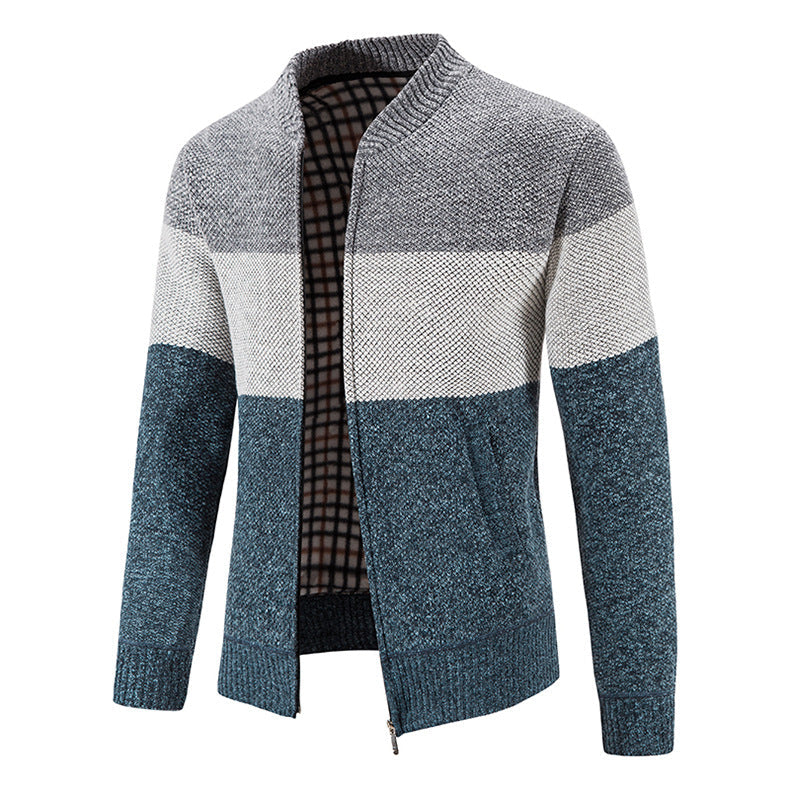 Herren Strickjacke mit modernem Zipper und karierter Innenausstattung