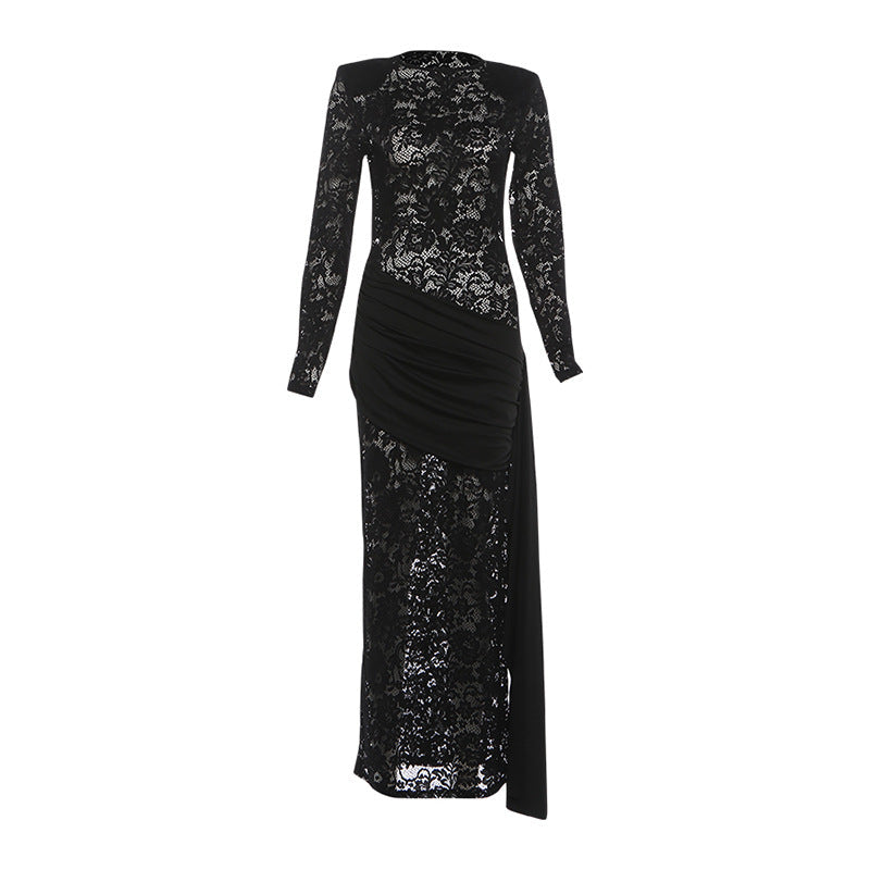 Damen Elegantes Spitzenkleid mit langem Arm und raffinierter Drapierung R&B