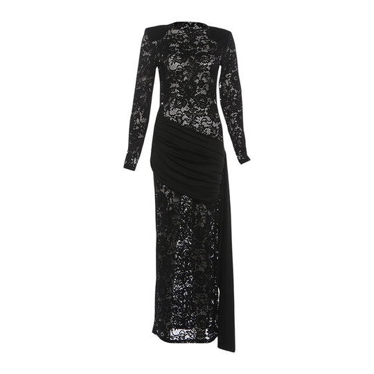 Damen Elegantes Spitzenkleid mit langem Arm und raffinierter Drapierung R&B