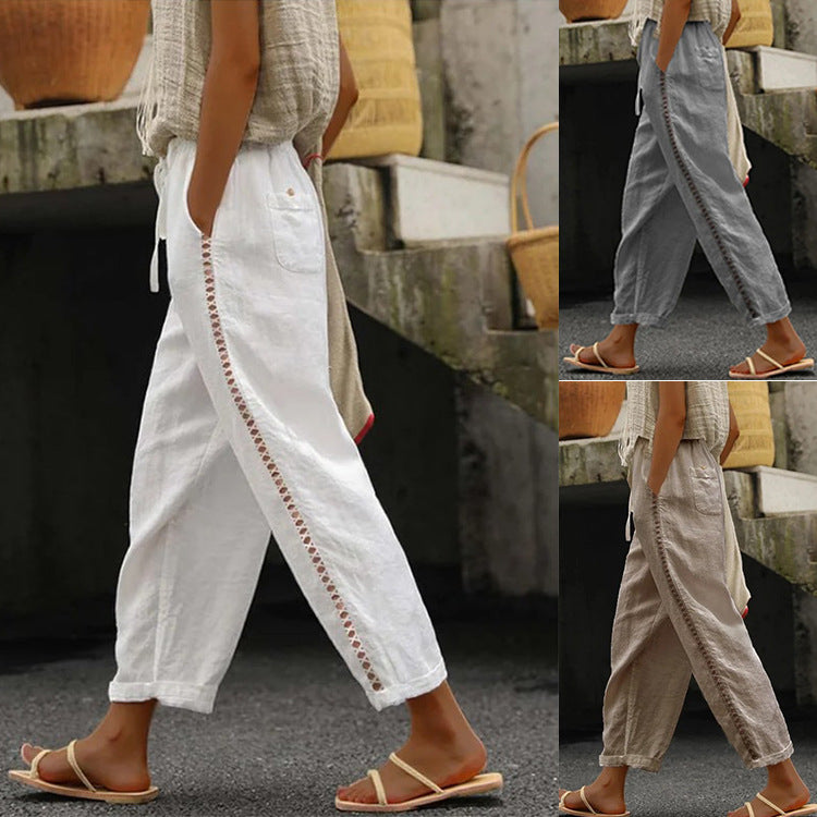 Damen Leinenhose mit seitlichen Spitzenakzenten und lässigem Schnitt R&B