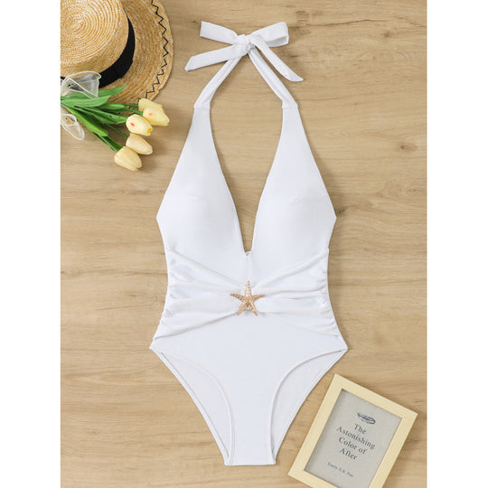 Damen Einteiliger Badeanzug mit elegantem V-Ausschnitt und dekorativem Sternenapplikation R&B