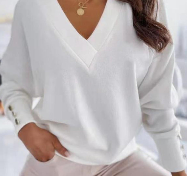 Damen lässiger V-Ausschnitt Pullover mit weiten Ärmeln und weichem Stoff R&B