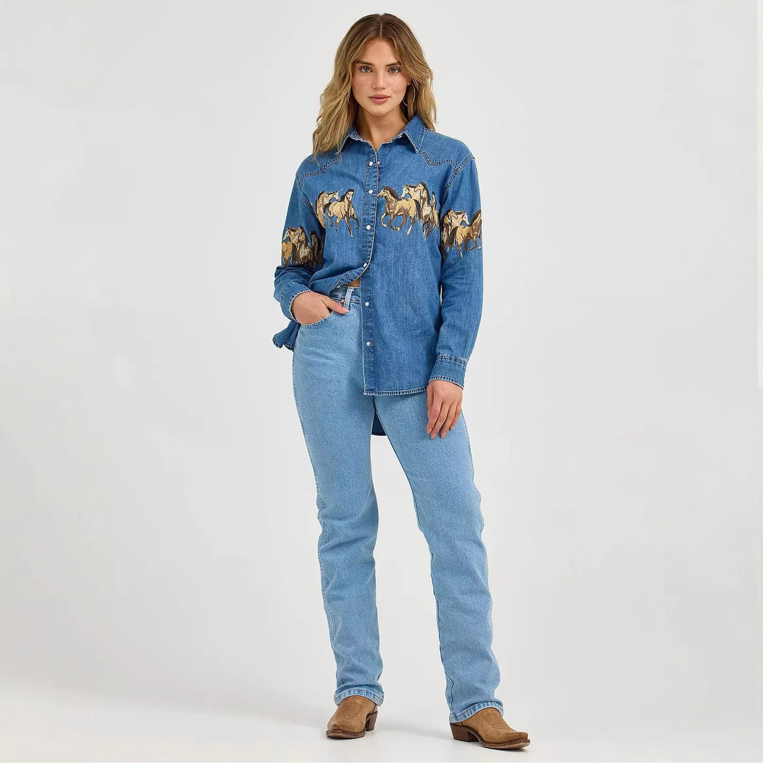 Damen Jeanshemd mit kreativem Pferdemotiv und hochwertiger Baumwollmischung R&B