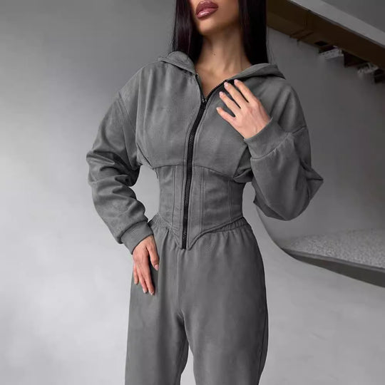 Damen sportlicher Jumpsuit mit Reißverschluss und hohem Kragen R&B