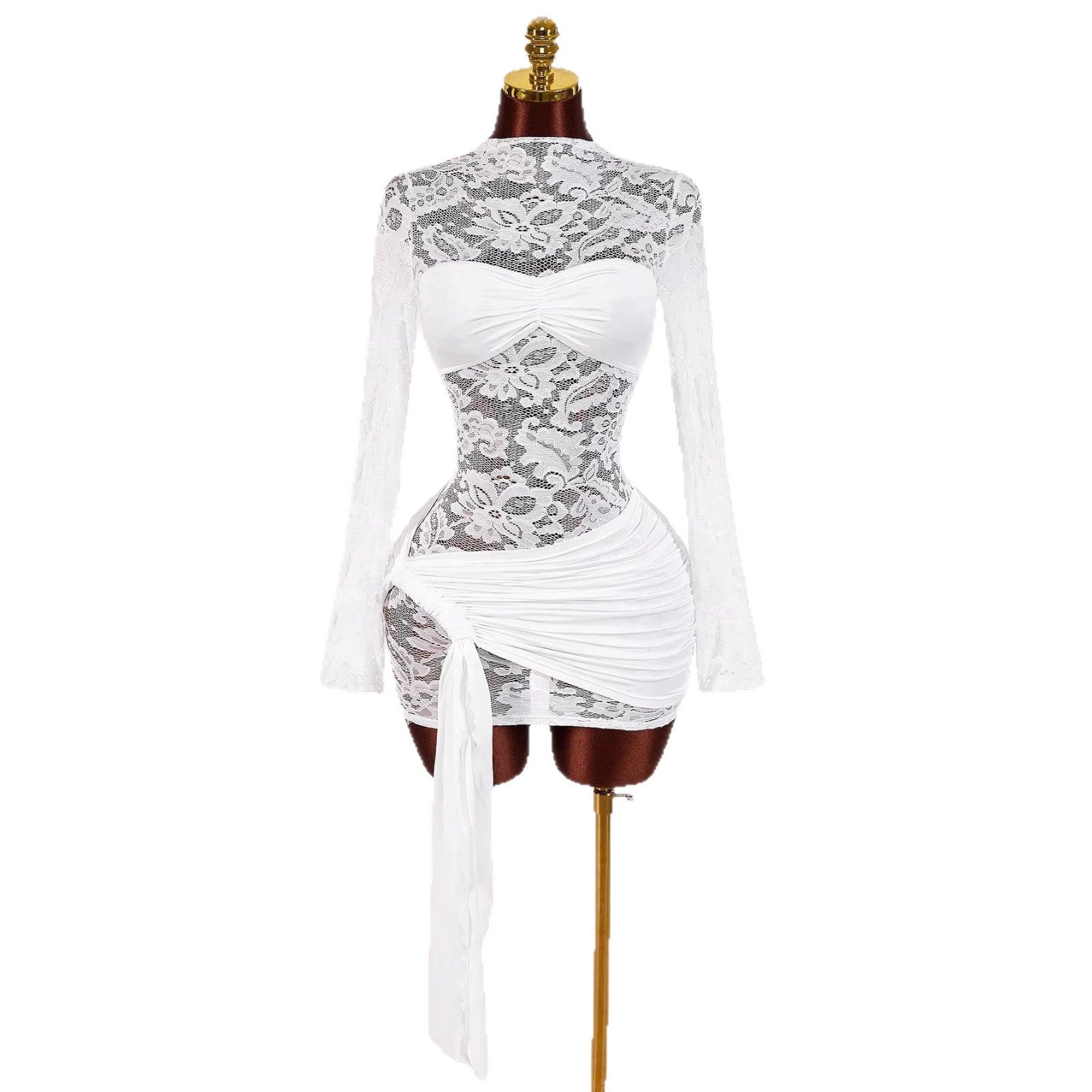 Damen nan transparentes Spitzen-Minikleid mit Bandeau-Einsatz, gerafftem Wickelrock und langen Ärmeln R&B