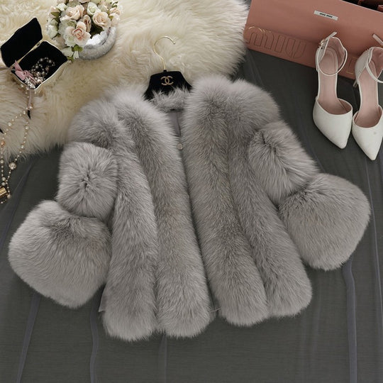 Damen modische Kurzjacke mit voluminösen Ärmeln und weichem Fell R&B