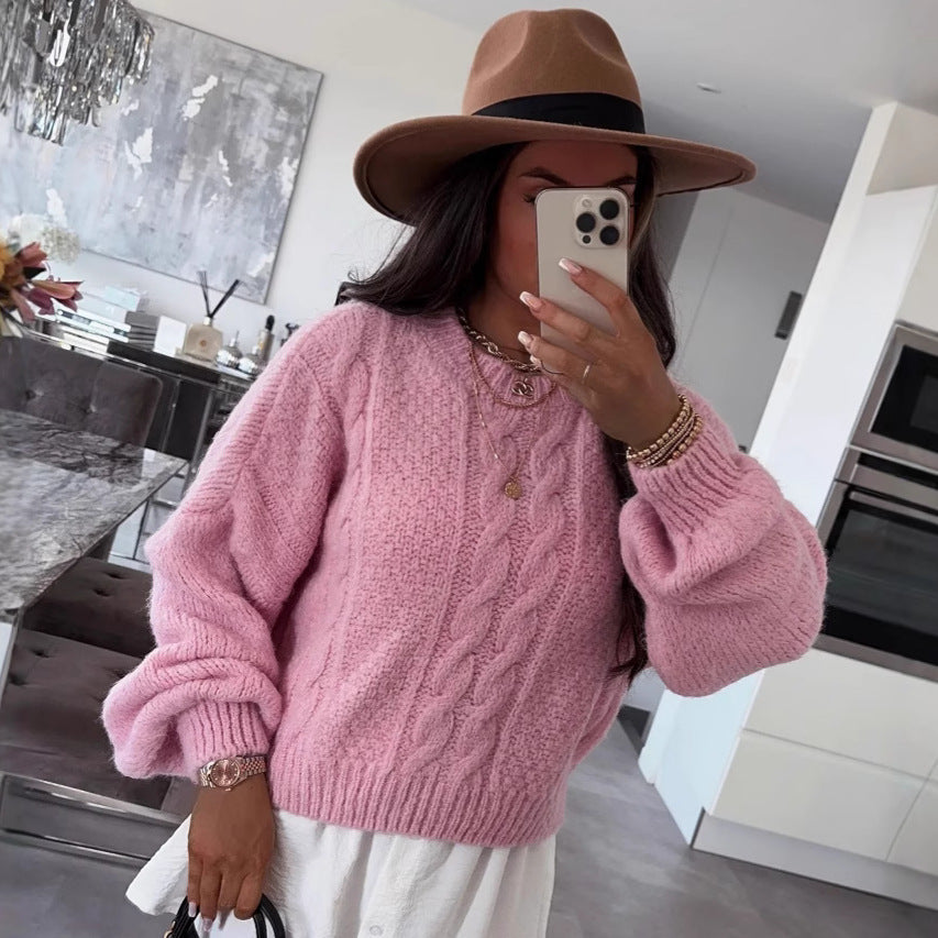 Damen Grobstrickpullover mit voluminösen Ärmeln und romantischem Zopfdesign R&B