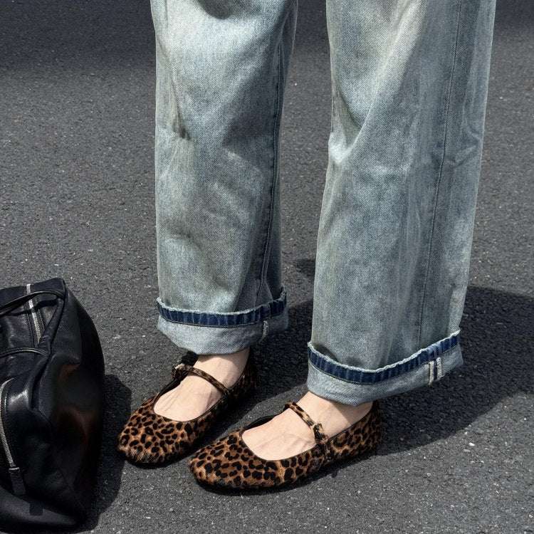 Damen elegante Ballerinas mit verstellbarem Riemen und auffälligem Leopardenmuster R&B