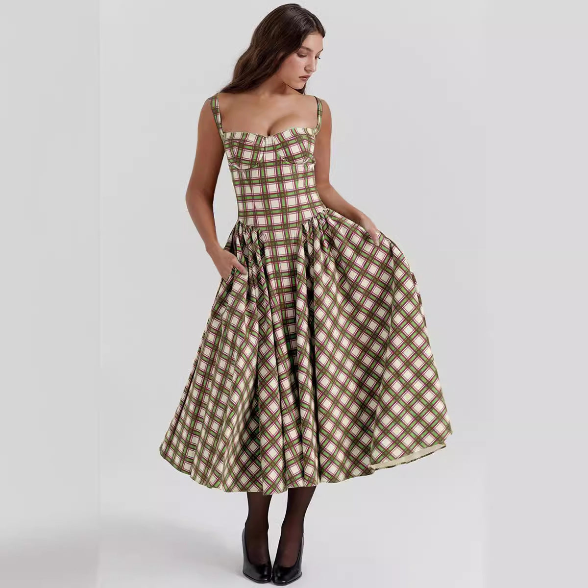 Damen Maxiröckchen mit elegantem Karo-Design und praktischen Taschen R&B