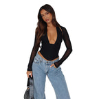 Damen Hochgeschlossenes Crop-Top mit transparenten Ärmeln R&B