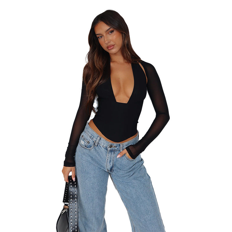 Damen Hochgeschlossenes Crop-Top mit transparenten Ärmeln R&B