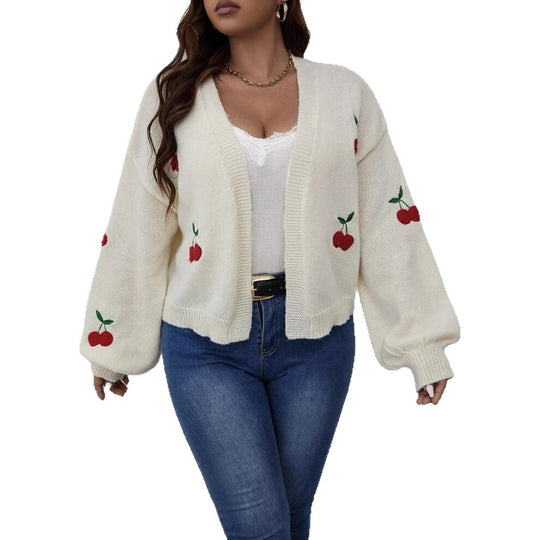 Damen Großer Cardigan mit verspieltem Kirschmotiv R&B