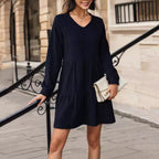 Damen Strickkleid mit V-Ausschnitt und voluminösem Rock R&B