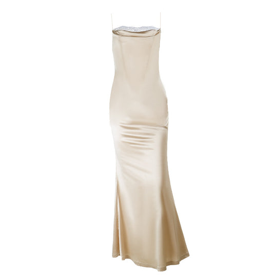Damen elegantes Satin Abendkleid mit Spitzenverzierung R&B