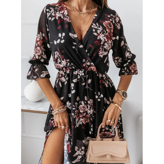 Damen elegantes Maxikleid mit animalischen Mustern und modischem Schlitz R&B