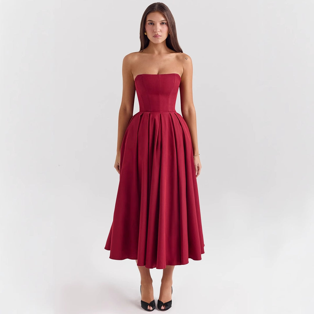 Damen Taillesenkende Midi-Kleid mit schulterfreiem Design und eleganter Faltenstruktur R&B