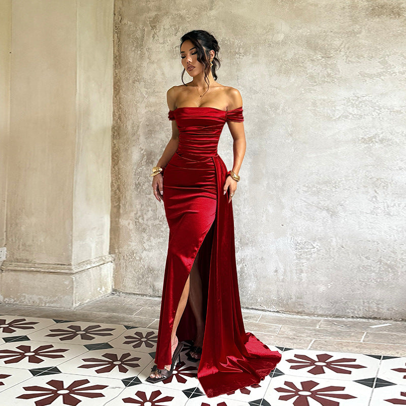 Damen Elegantes Off-Shoulder-Maxikleid aus luxuriösem Satin R&B