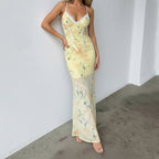 Damen Blumen Maxikleid mit raffinierten Spaghettiträgern und Spitzen-Akzenten R&B