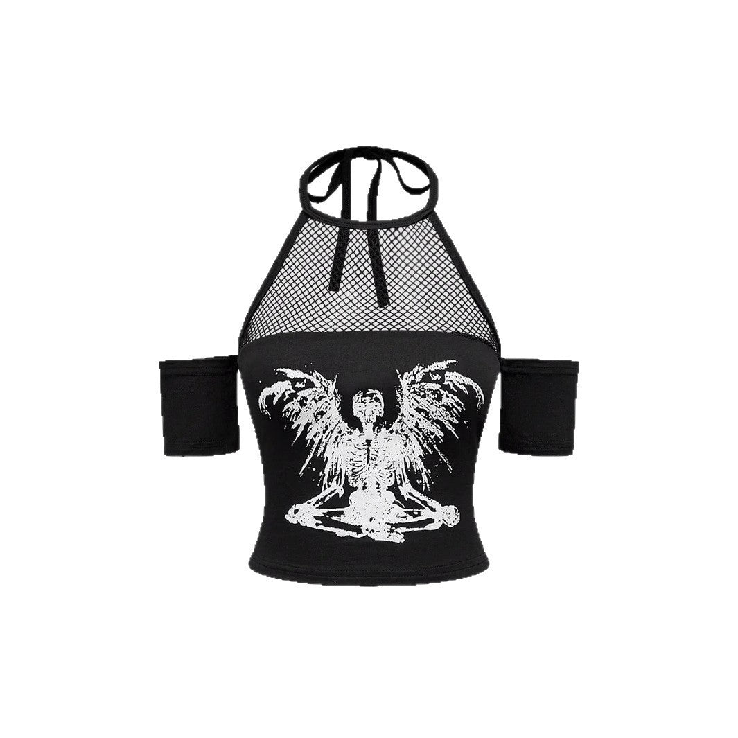 Damen Trendiges Crop-Top mit Netzdetails und originellem Grafiklitz R&B